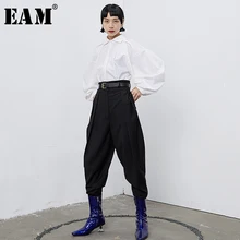 [EAM] Черные повседневные брюки с высокой талией и поясом, новинка, свободные шаровары, женские модные брюки, подходят ко всему, весна-осень, 1B668