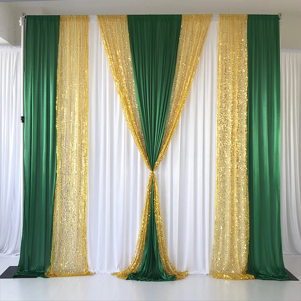 

3m H x3m W Free Shipping White Curtain Green Ice Silk Drape Gold Sequin Backdrop Wedding Party Birthday Decoration