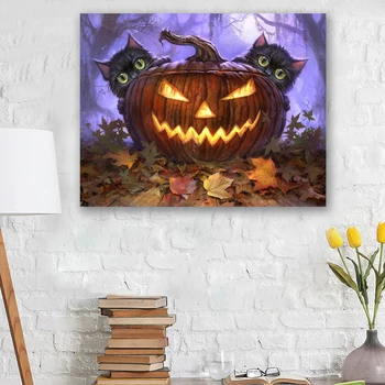 

Full Drill Diamond Painting Black Cat Pumpkin Latern Needlework Embroidery Cross Stitch Kit Crystal Halloween Decor Gift