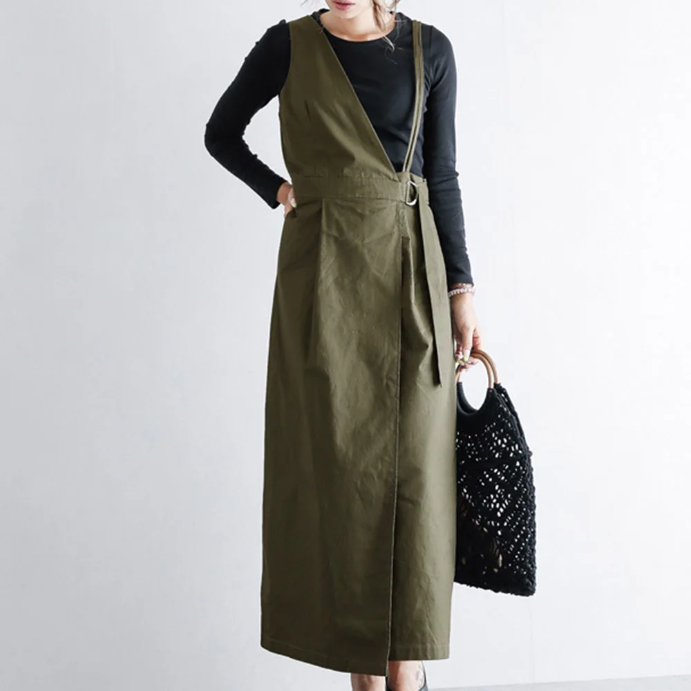 

Linen Sun Dress Women Korean Fashion 2020 Plain Ankle Length High Waist Belted Office Ladies Causal Strap Dress Army Green