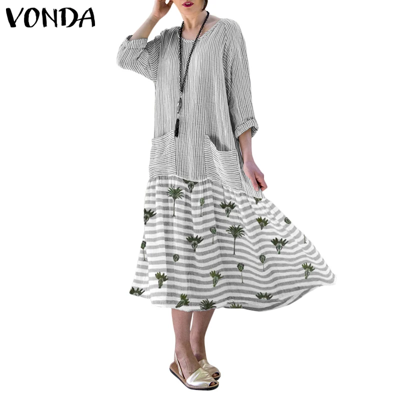 Серый Пляжное длинное платье VONDA летнее сексуальное с круглым вырезом, с длинным рукавом для будущих мам, макси свободное платье, праздничное платье, сарафан, богемное платье - Цвет: Серый