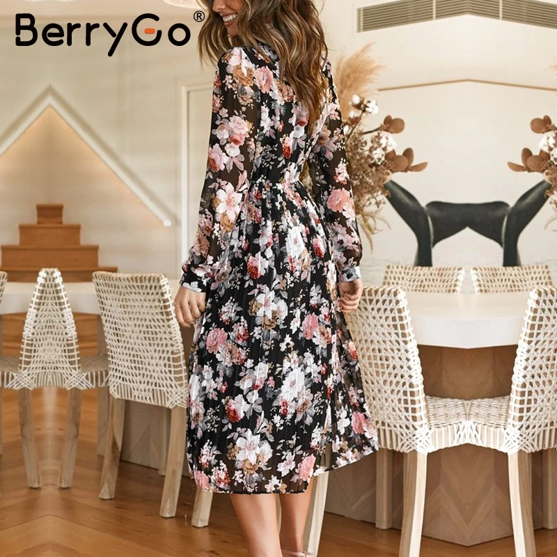 BerryGo сексуальное платье Бохо с цветочным принтом гофрированное осеннее свободное платье с длинными рукавами элегантное офисное женское платье с воротником-стойкой длинное вечернее платье