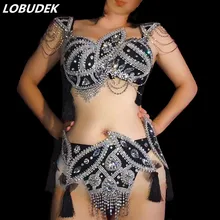 Полный стразы кисточкой черный наряд с бикини бар клуб DJ певица женская Танцевальная команда Сексуальная сценическая одежда ночной клуб Танцы у шеста костюм