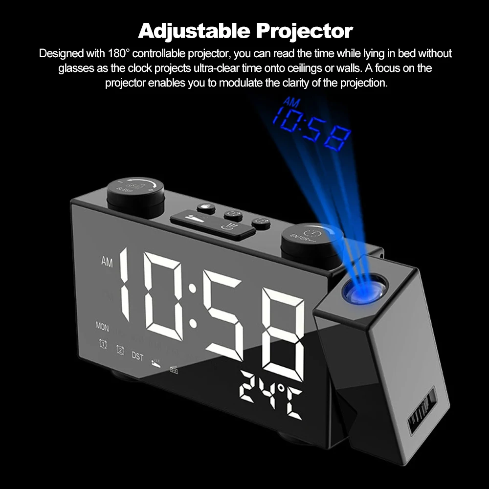 Alarm Clock Digital Table Clock with Projection FM Radio Dual LED Clock Projector Electronic Desk Clocks with Snooze Thermometer