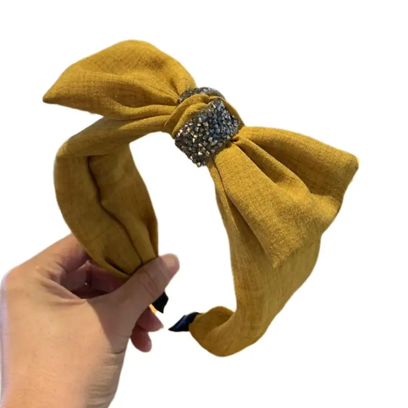 Yellow Корейские Роскошные ювелирные изделия, стразы, повязка на голову для девушек, женщин, сплошной цвет, большой бант, широкий обруч для волос, крестообразный узел, изысканные вечерние головные уборы - Цвет: Yellow