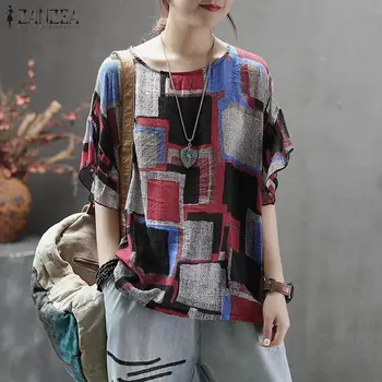 

Blusas Top 2020 ZANZEA Vintage Printed Ruffle Blouse Summer Women Casual Short Sleeve Check Plaid Tee Shirts Tunic Tops Female