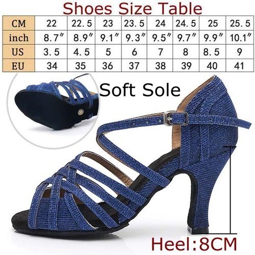 Женская танцевальная обувь для Танго/бальных/латинских танцев, танцевальная обувь на каблуке для сальсы, профессиональная танцевальная обувь для девочек, женская обувь 6 см/8 см - Цвет: Blue(Soft Sole)8CM