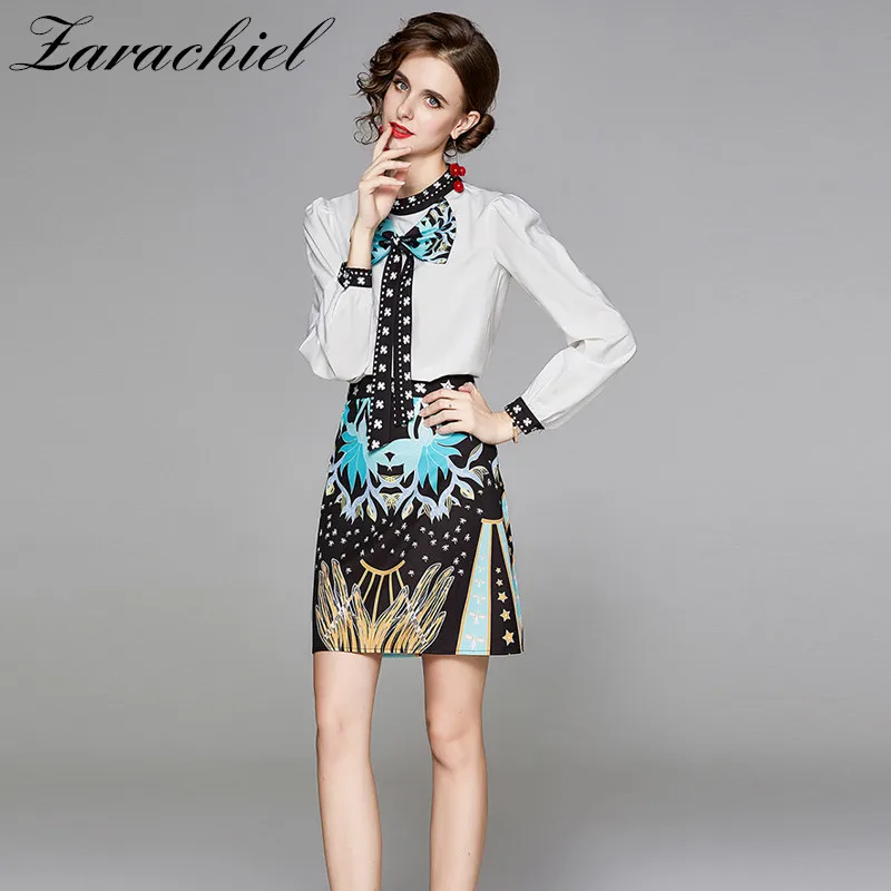 Designer Runway Bowknot Puff Sleeve Blouses Tops and Luxury Flower Print Short Skirts 2 Two Piece Sets Women Autumn Outfits |