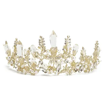 

Queen Baroque Bridal Wedding Gold Crystal Pearl Crown Tiara Headband Headpiece