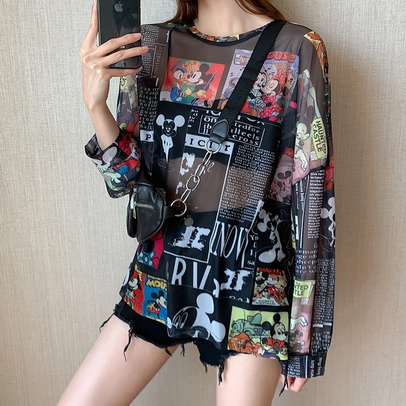 Disney 2021 Summer Famous Anime Mickey Mouse Brand Mesh Shirt Women Sun Protection Transparent Long Sleeve Blouse Ladies T-shirt