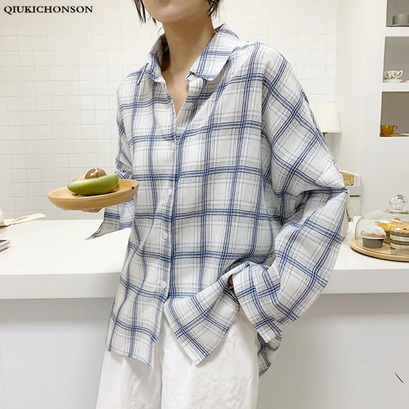  Qiukichonson Plaid Casual Blouse Women Low High Design Spring Atumn Ladies Tops Long Sleeve Blouse 
