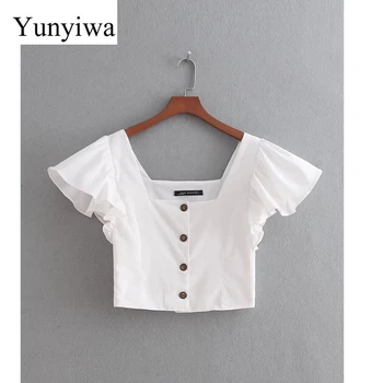 

Women Fashion Cascading Ruffles Breasted Buttons Linen Blouse Elegant Black White Colour Shirt Brand Femininas Blusas