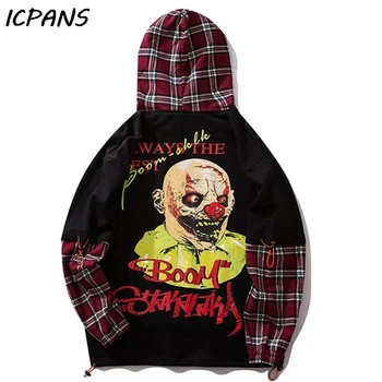 

ICPANS Clown Painting Print Plaid Sweatshirts Hooodies Men Streetwear Hip Hop Harajuku Casual Pullover Hooded Tops