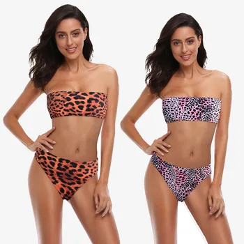 

#Z2 Leopard Bandeau Sexy Bikini Set Tube Top Bikini Push Up Swimwear Women Swimsuit Bikini Set Strapless Traje De Baño Mujer