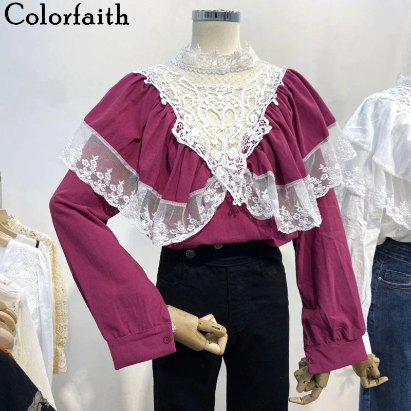 Блузка Colorfaith женская летняя из хлопка и льна с кружевными оборками стоячим