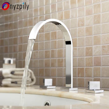 

Chrome Basin Faucets Brass Deck Mounted Square Bathroom Sink Faucets Double Handle 3 Hole Hot And Cold Water Tap