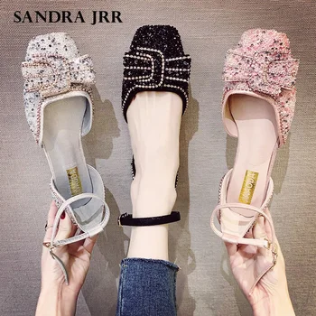 

SANDRA JRR Women Crystal Shoes Sequined Flat Heel 2020 Spring New Square Toe Shallow Shoes Ballet Flats Summer Sandals