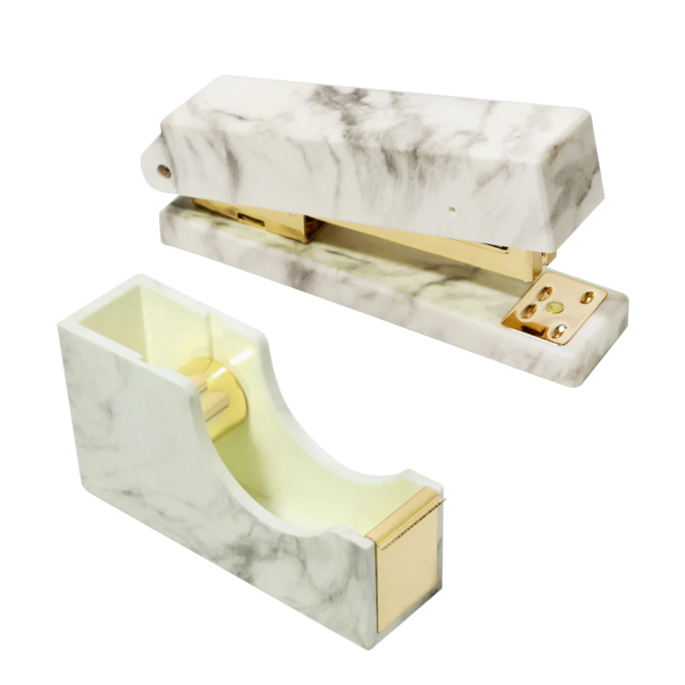 Office School Desk Decor Accessories Marble White Office Supplies Set Gold  Marble Stapler And Tape Dispenser Set