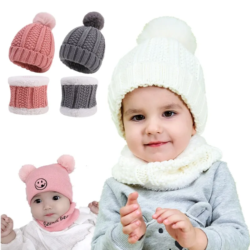 

Knitted Baby Girl Hats Scarf Turban Beanie Cotton Warm Wool Fur Caps Soft Hat For Childern Boys Elastic Beanies Autumn Winter