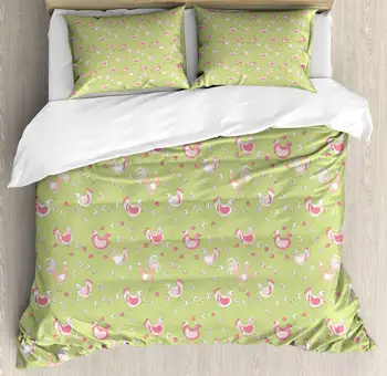 

Hen and Chicks Duvet Cover Set Cartoon Pattern with Chicken and Rooster 3 Piece Bedding Set Avocado Green Pastel Pink Baby Pink