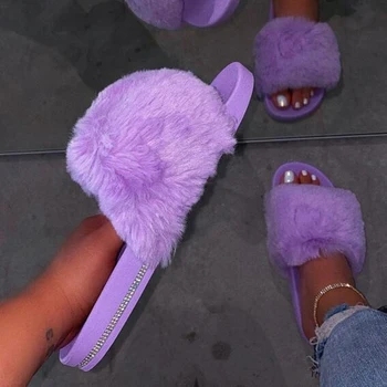 

Women 2020 Spring Indoor Home Furry Slippers Warm Casual With Crystal Slippers Outdoor Wild Non-slip Slippers Color