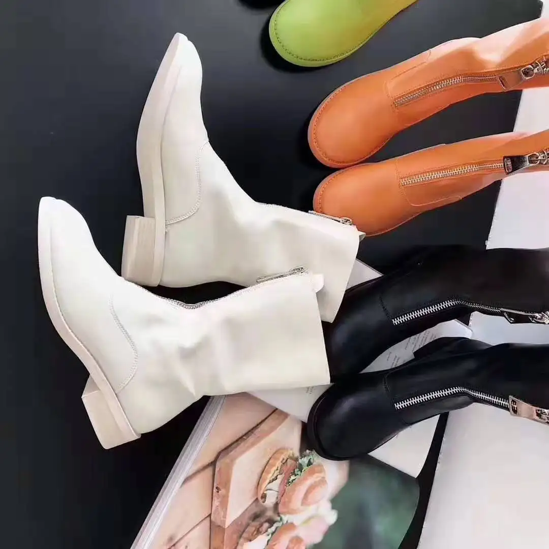 

2019 Autumn & Winter Trend Leather Boot Front Zipper Tube Green of Short Boots Rome Trend Martin Boots