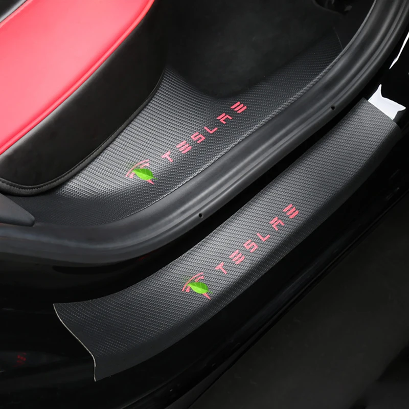 Накладка на порог автомобиля из углеродного волокна и кожи для Tesla, модель 3, защитная Накладка на порог для салона автомобиля