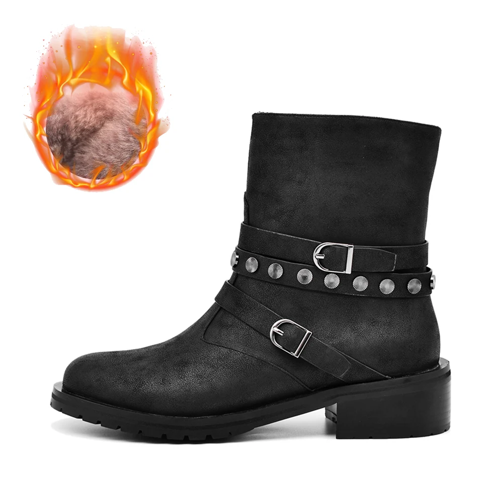 HARAVAL/зимние женские ботильоны в байкерском стиле; роскошные кожаные ботинки с круглым носком на квадратном каблуке; модная обувь с пряжкой; теплые Классические мягкие ботинки - Цвет: Wool