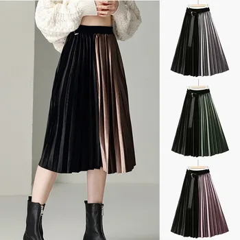 

Women Fashion Skirt Spring Fall Gold Velvet Color Patchwrok High Waist Skirts Female Long Pleated Skirt Hot