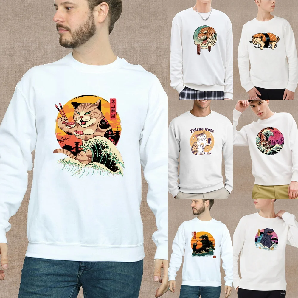 

Свитшот унисекс с длинным рукавом, теплый базовый пуловер, Повседневная Удобная худи в стиле Харадзюку с японским котом, мягкая одежда