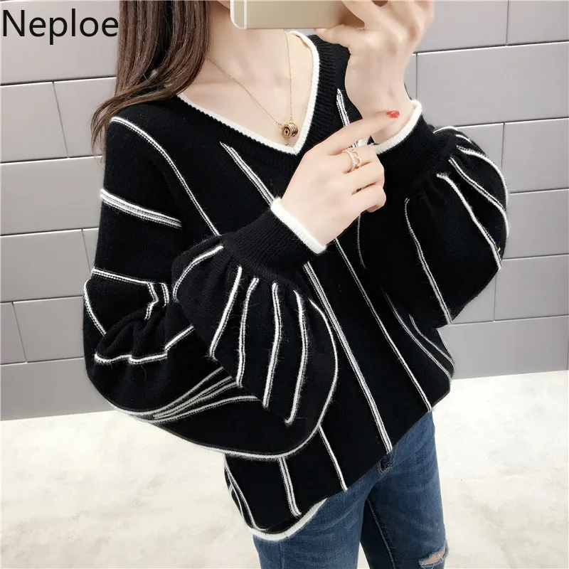 Neploe/Коллекция года, весенне-зимняя одежда, Свитера с рукавами-фонариками для женщин, модные пуловеры в полоску с v-образным вырезом, Женский вязаный джемпер