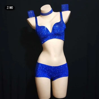 

rave clothes adult for women diamond two piece bra pants sets sexy blue gogo dance club stage costume coachella festival music