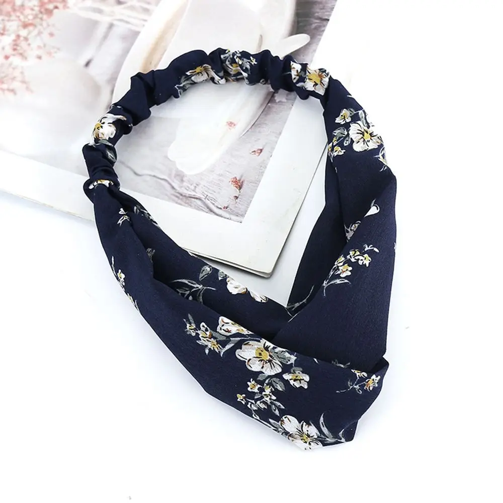 Navy Blue Корейский стиль, эластичная, скрещенная, шифоновая повязка на голову, женская, с широкими полями, с принтом, повязка на голову, элегантные головные уборы, аксессуары для волос - Цвет: Navy Blue