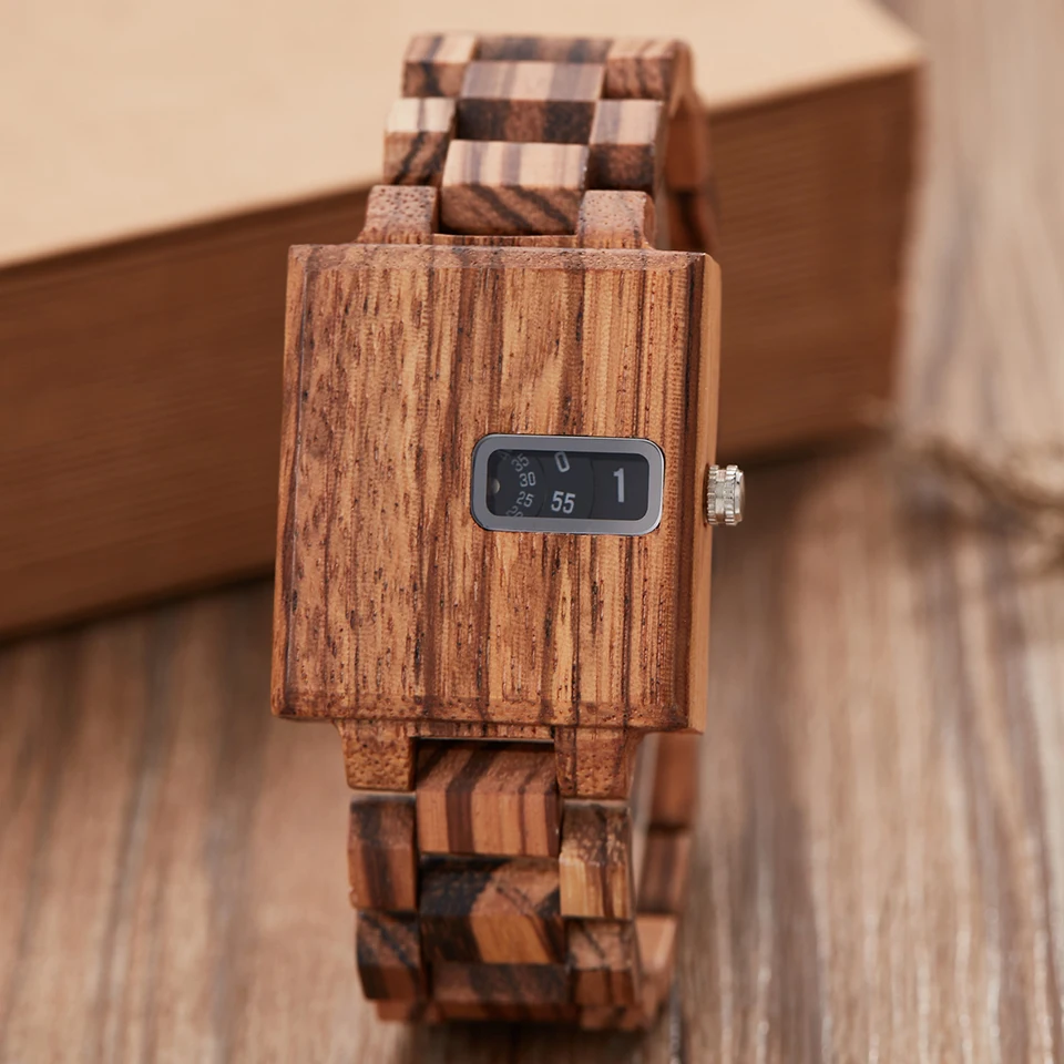 Креативные квадратные деревянные часы из твердого черного дерева, кварцевые часы с Уникальным поворотным циферблатом, складная застежка, деревянные наручные часы montre homme