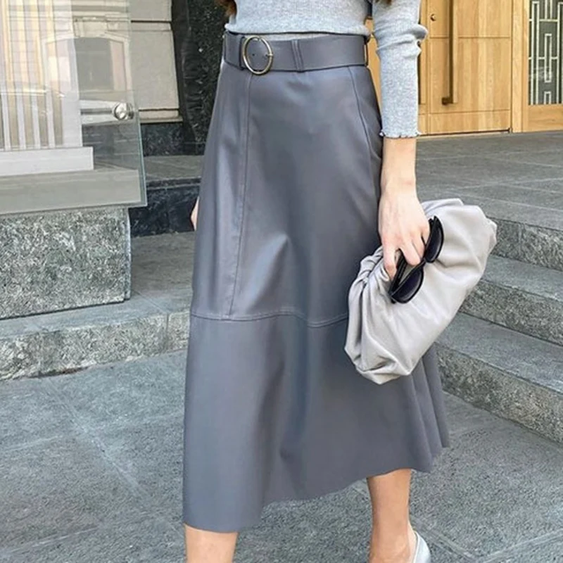 

QINJOYER Women PU Leather Skirt Office Lady High Waist A- Line Skirt Women's Solid Mid Casual Zipper Skirt Female New Fashion