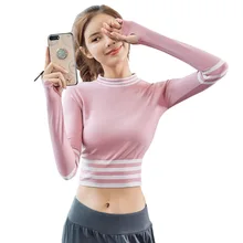 FE4508 укороченный топ для йоги, рубашка для фитнеса, женская футболка с длинным рукавом и отверстием для большого пальца, топ для бега в тренажерном зале, рубашки для тренировок, одежда для бега, спортивная одежда