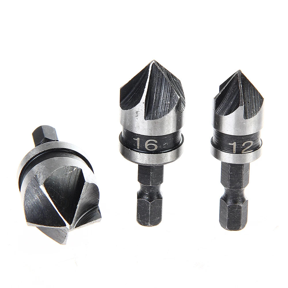 

3Pcs 1/4 Hex Shank HSS 90° Chamfer Cutter 12/ 16/ 19mm Countersink Drill Bits Flute countersunk reamer woodworking power tools