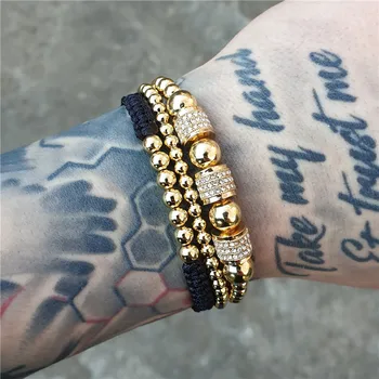 

Luxurious CZ Tube Charm Men Bracelet Sets Royal Fashion Pave CZ Copper Bead Bracelet For Men 3Pcs/Sets Women Jewelry Gift