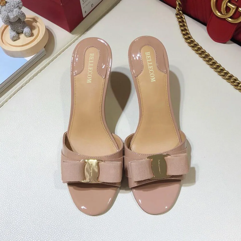 

BELLECOM 2019 Summer New Slippers with Fine-heeled Lacquer Leather and High-heeled Sandals for Women Wearing Slippers