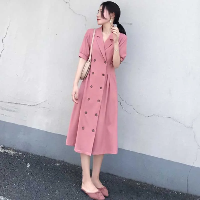 Woman Dress 2020 Summer New Fashion Vintage French Double Breasted Elegant Dress Ladies Korean Office Party Dresses Vestidos