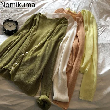 

Nomikuma 2020 Spring Summer New Thin Knit Cardigan Women Suncreen Long Sleeve V Neck Coat Single Breasted Sweater Jacket 6A073