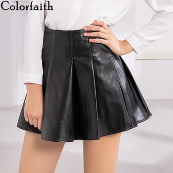 

Colorfaith New 2019 Women PU Leather Skirt Autumn Winter Fashion Pleated Empire Package Hip Mini Skater Skirt Solid Female SK080
