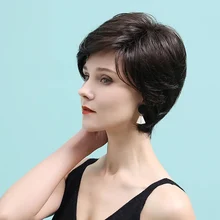 Remy Human Hair Wig short Layered Haircut costume wig Neat Bang With Bangs Chestnut Brown Women Natural costume wigs Pixie Cut