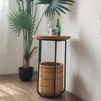 

Small Apartment Wrought Iron Japanese Style Simple Style Side Table Cork Bamboo Storage Basket Side Table Coffee Table