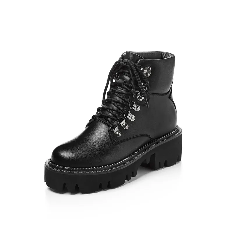 black not fur ASUMER/ г., новые модные ботильоны из натуральной кожи женские зимние ботинки на меху на шнуровке зимняя женская обувь на платформе в стиле панк - Цвет: black not fur