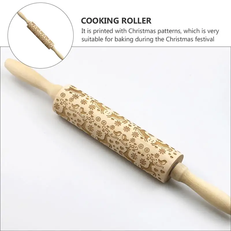 3D Christmas Embossing Rolling Pin Moose Snowflake Pattern Bake Cookie Biscuit Engraved Roller for Home DIY Bakery Cake Shop