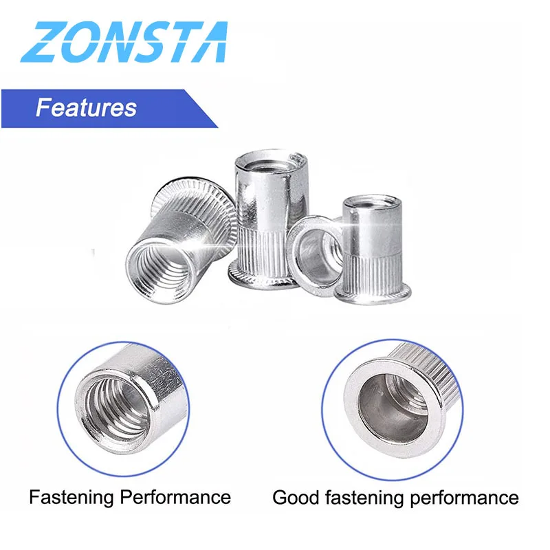 M4 M5 M6 M8 M10 304 Stainless Steel Rivet Nuts Rivnuts Knurled Steel Head Nutserts Flat Head Threaded Insert Nuts Assortment