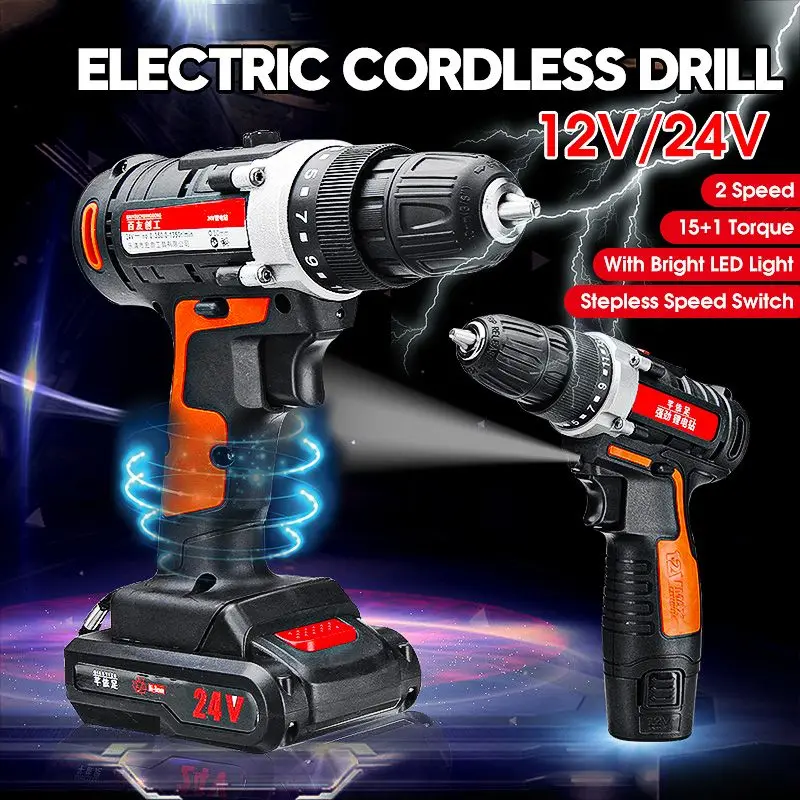 24V 12V Electric Drill 10mm Rechargeable Screwdriver Cordless Impact 15+1 Torque Double Speed Power Driver Tool | Инструменты