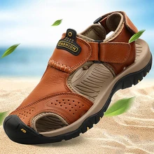 Summer first layer cowhide sandals Men's beach sneakers Large size casual wading shoes Flat toe protection sandals