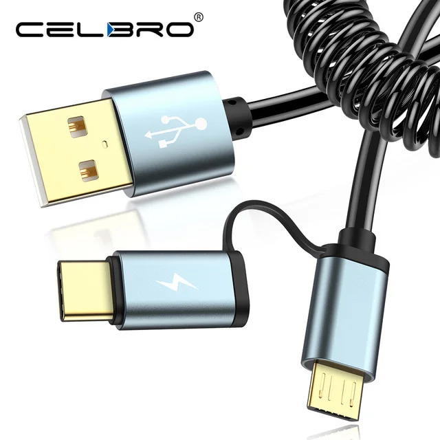Зарядный кабель 2 в 1 с пружинным спиральным разъемом Micro USB Type-C для быстрой